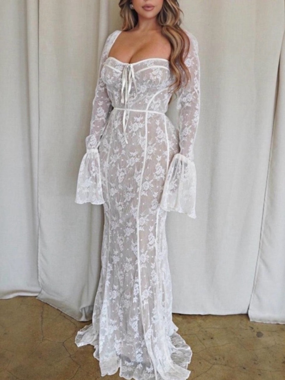NWT Toxic Envy Boutique White Lace Bell Sleeve Maxi Dress Size L Bridal Cottagec